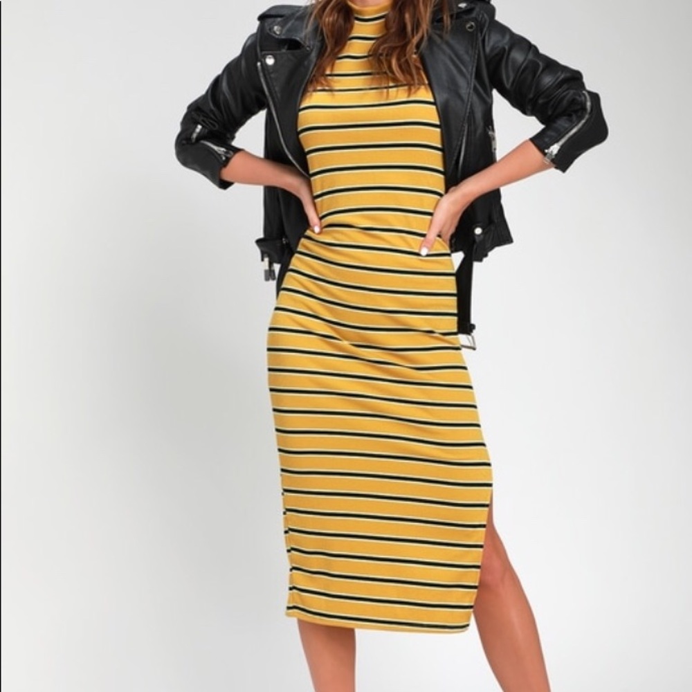 Mustard Yellow Black Striped Sleeveless Midi Dress